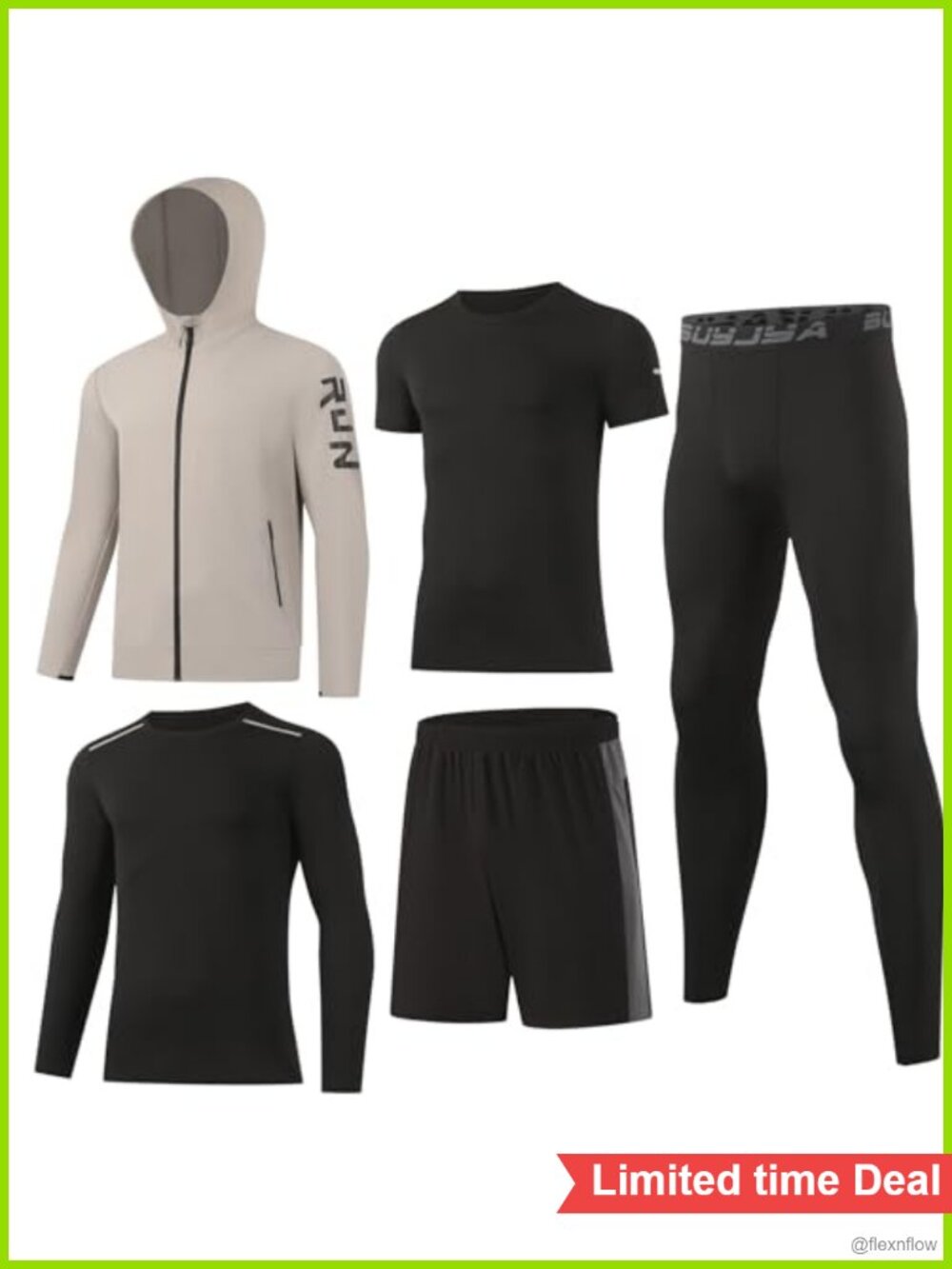 Men's 5-Piece Workout Set Nylon Spandex Stretch Fit Gym Activewear